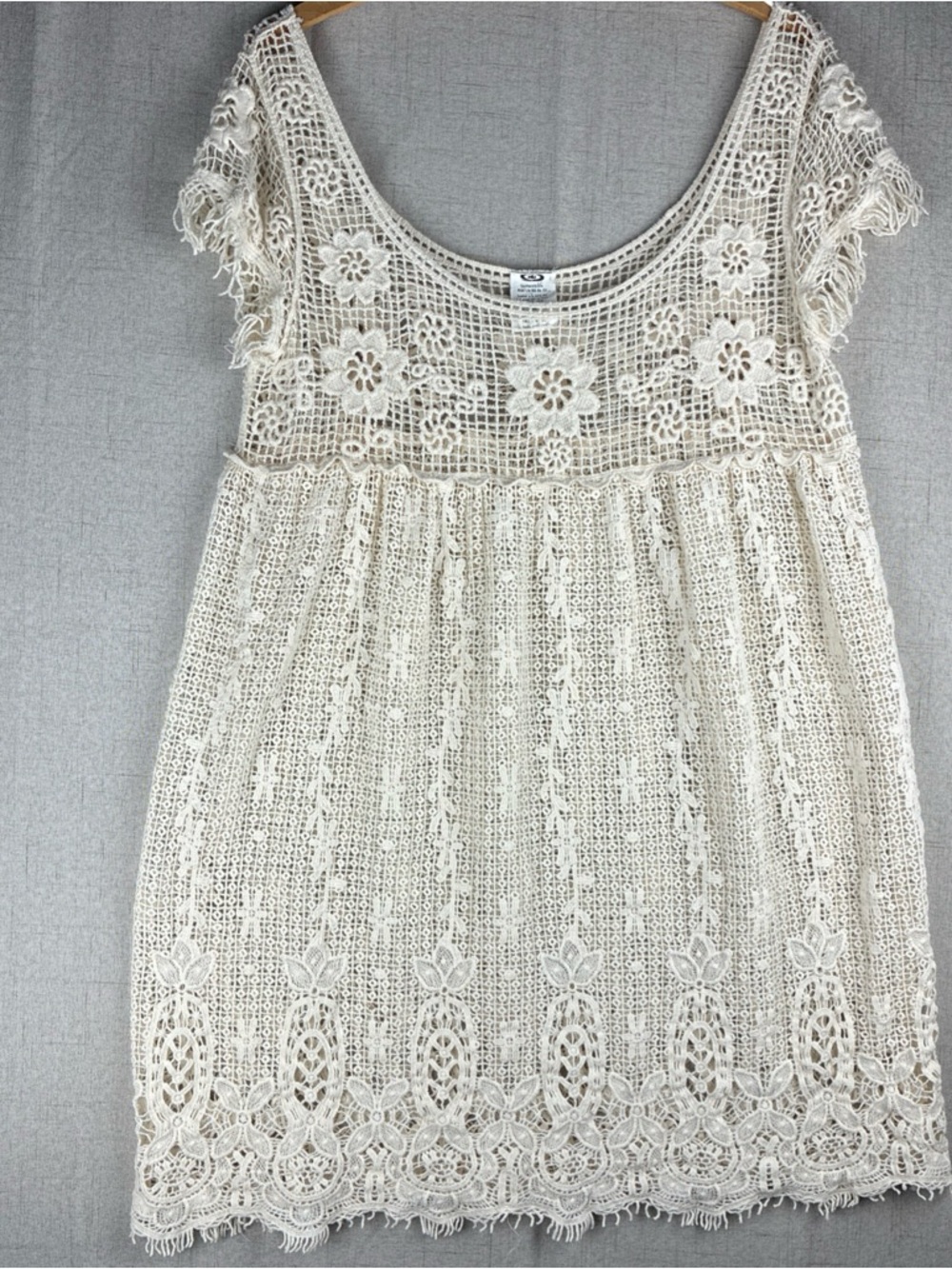 Open Weave Ivory Tunic L Swim Cover Up Beachy Crochet Fringe Daisy Fairycore